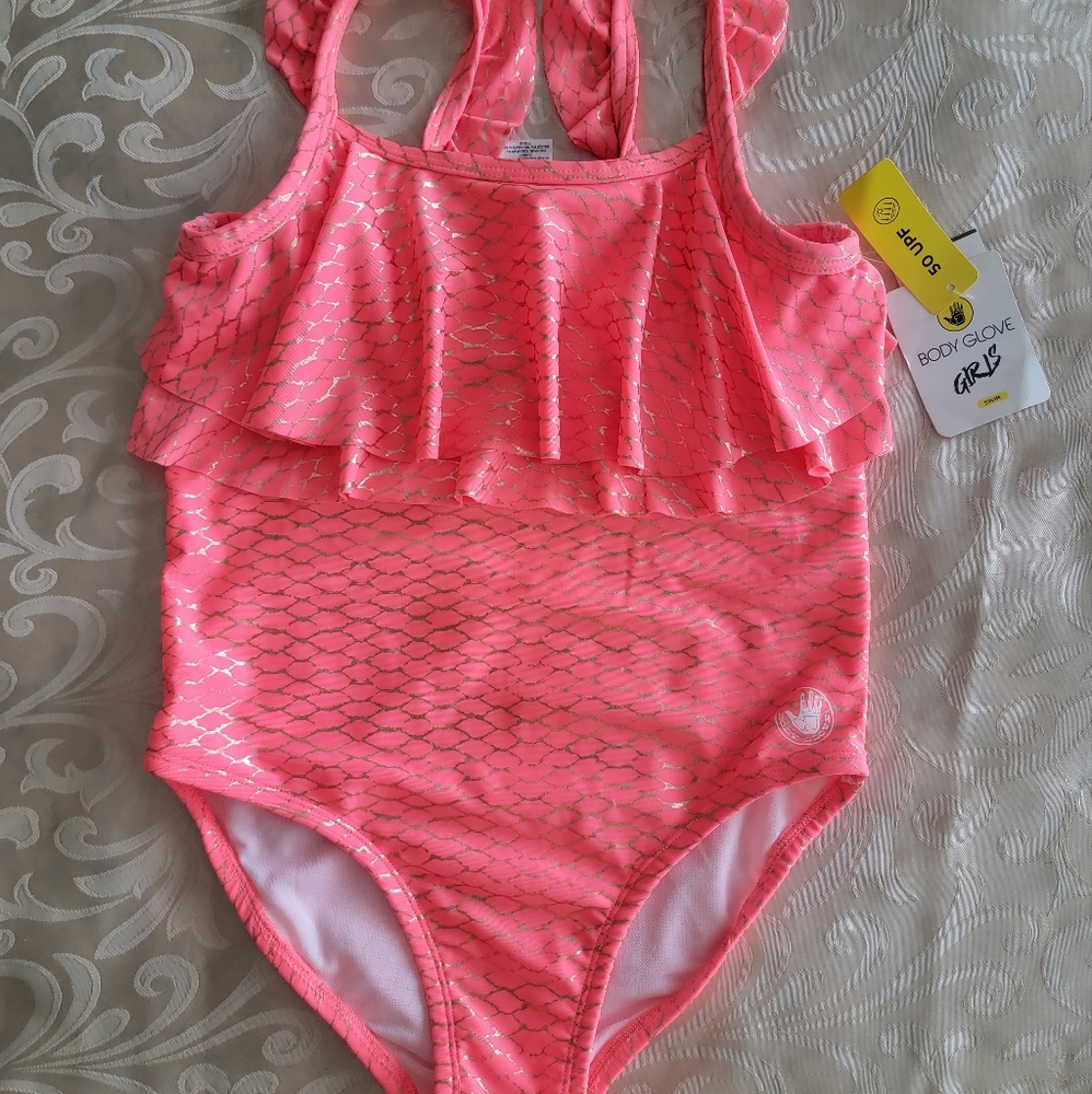 Body Glove Ruffled Girls Size 9 Neon Swim Suit Gold Siren Scale